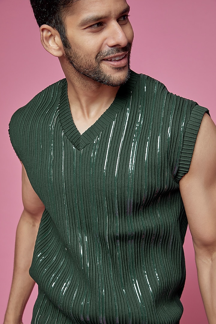 Green Jersey & Faux Leather Vest by SAMEER MADAN MEN at Pernia's Pop Up Shop