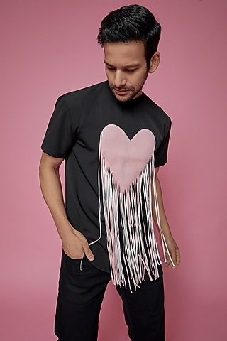 Black Banana Crepe & Faux Leather T-Shirt by SAMEER MADAN MEN