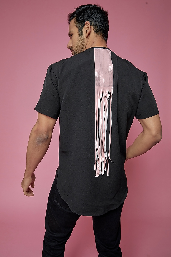 Black Banana Crepe & Faux Leather T-Shirt by SAMEER MADAN MEN at Pernia's Pop Up Shop