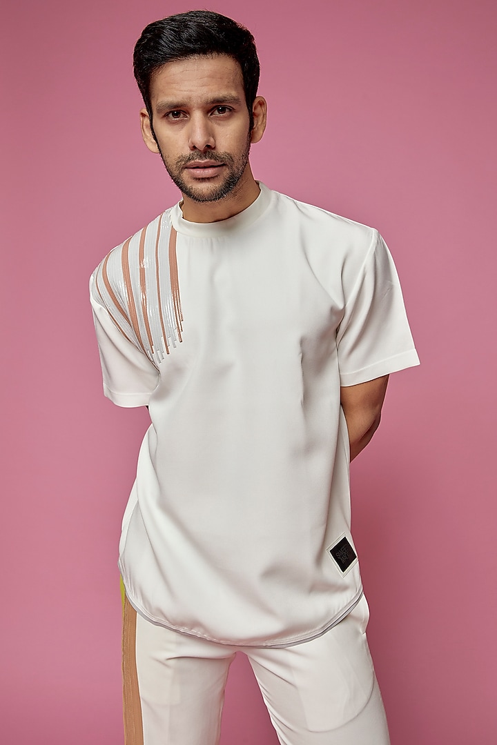 White Banana Crepe & Faux Leather T-Shirt by SAMEER MADAN MEN