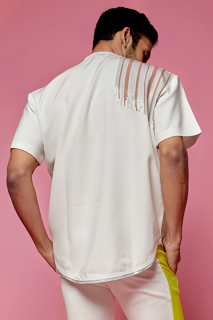 White Banana Crepe & Faux Leather T-Shirt by SAMEER MADAN MEN at Pernia's Pop Up Shop