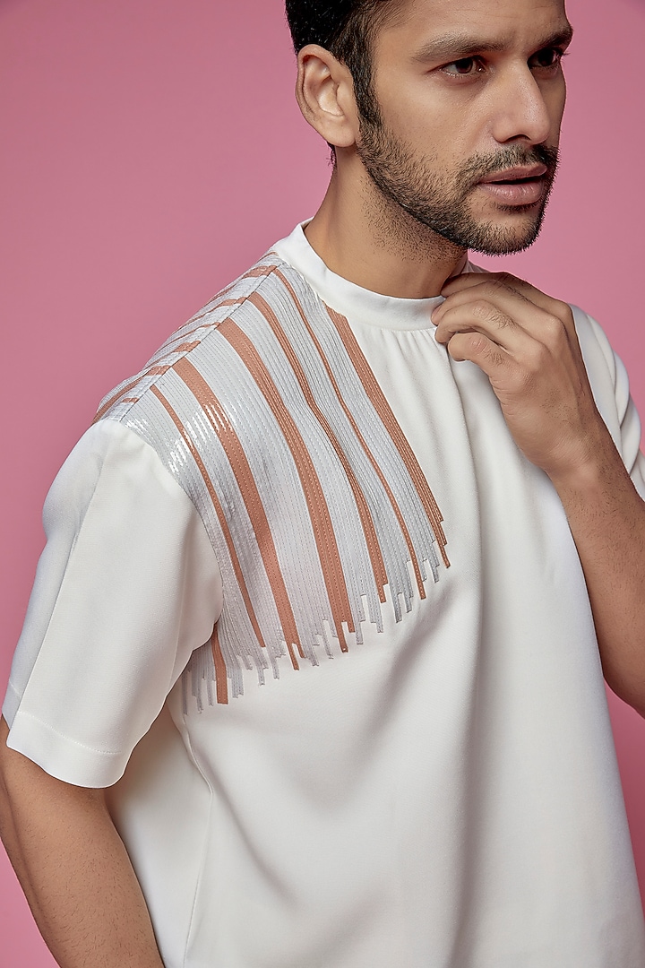 White Banana Crepe & Faux Leather T-Shirt by SAMEER MADAN MEN at Pernia's Pop Up Shop
