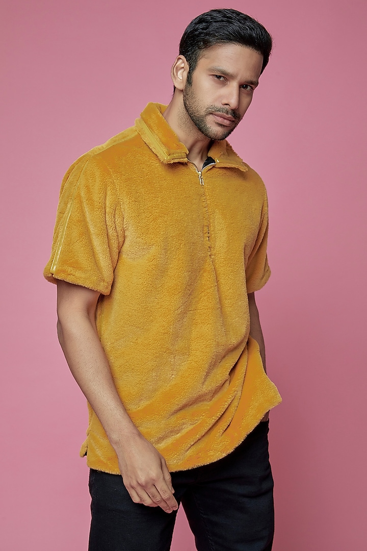 Yellow Faux Fur & Faux Leather T-Shirt by SAMEER MADAN MEN
