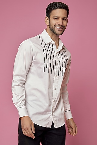 White Cotton Faux Leather Tuxedo Shirt by SAMEER MADAN MEN