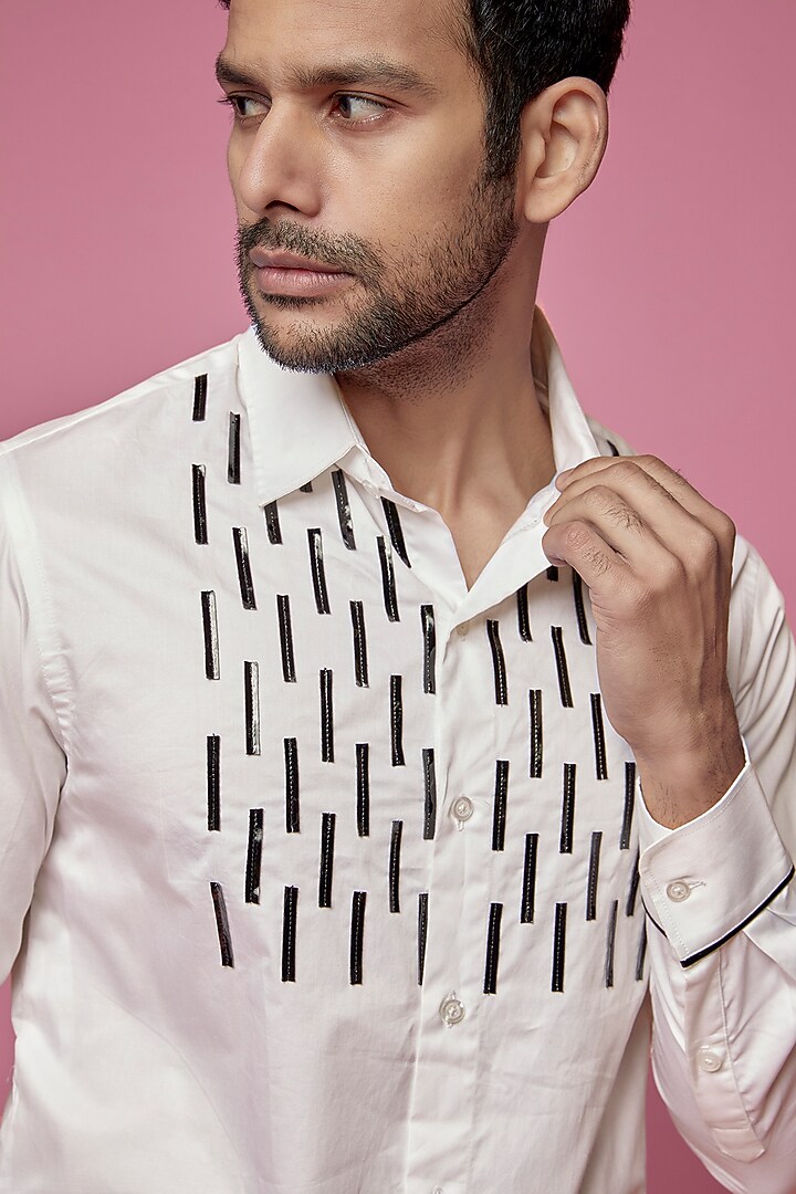 White Cotton Faux Leather Tuxedo Party Wear Shirt by SAMEER MADAN MEN at Pernia's Pop Up Shop