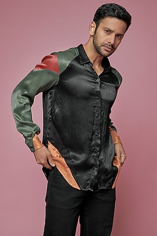 Black Satin Shirt by SAMEER MADAN MEN