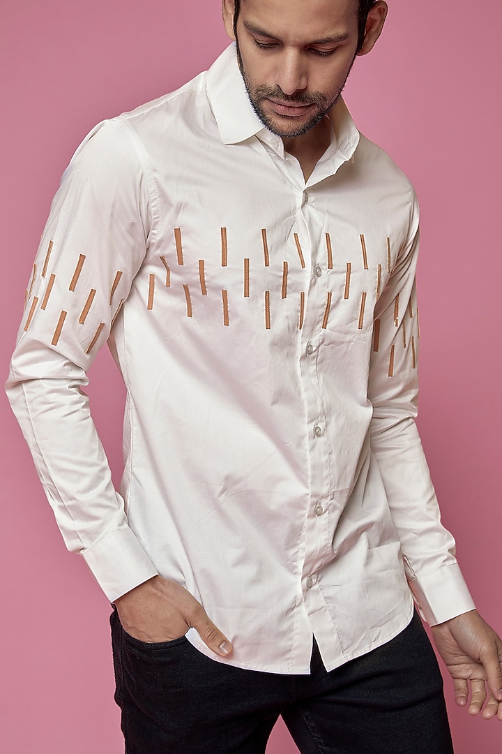 White Cotton Faux Leather Party Wear Shirt by SAMEER MADAN MEN at Pernia's Pop Up Shop