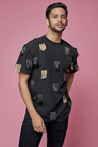 Black Faux Leather T-Shirt by SAMEER MADAN MEN