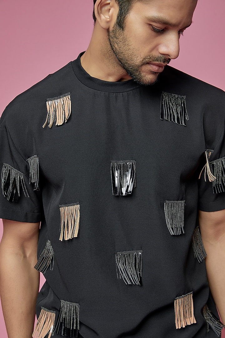 Black Faux Leather T-Shirt by SAMEER MADAN MEN at Pernia's Pop Up Shop