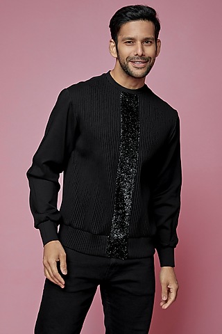 Black Jersey Sweatshirt by SAMEER MADAN MEN