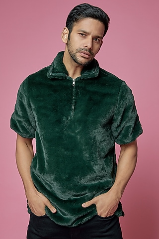 Green Faux Fur T-Shirt by SAMEER MADAN MEN
