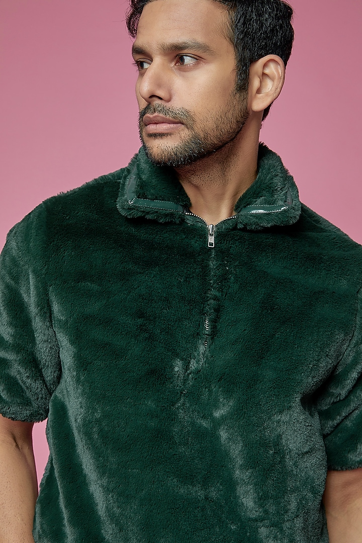 Green Faux Fur T-Shirt by SAMEER MADAN MEN at Pernia's Pop Up Shop