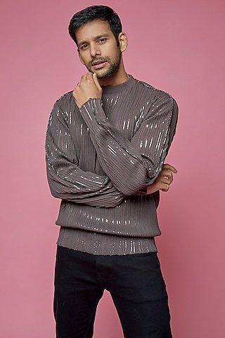Grey Jersey & Faux Leather Sweatshirt by SAMEER MADAN MEN