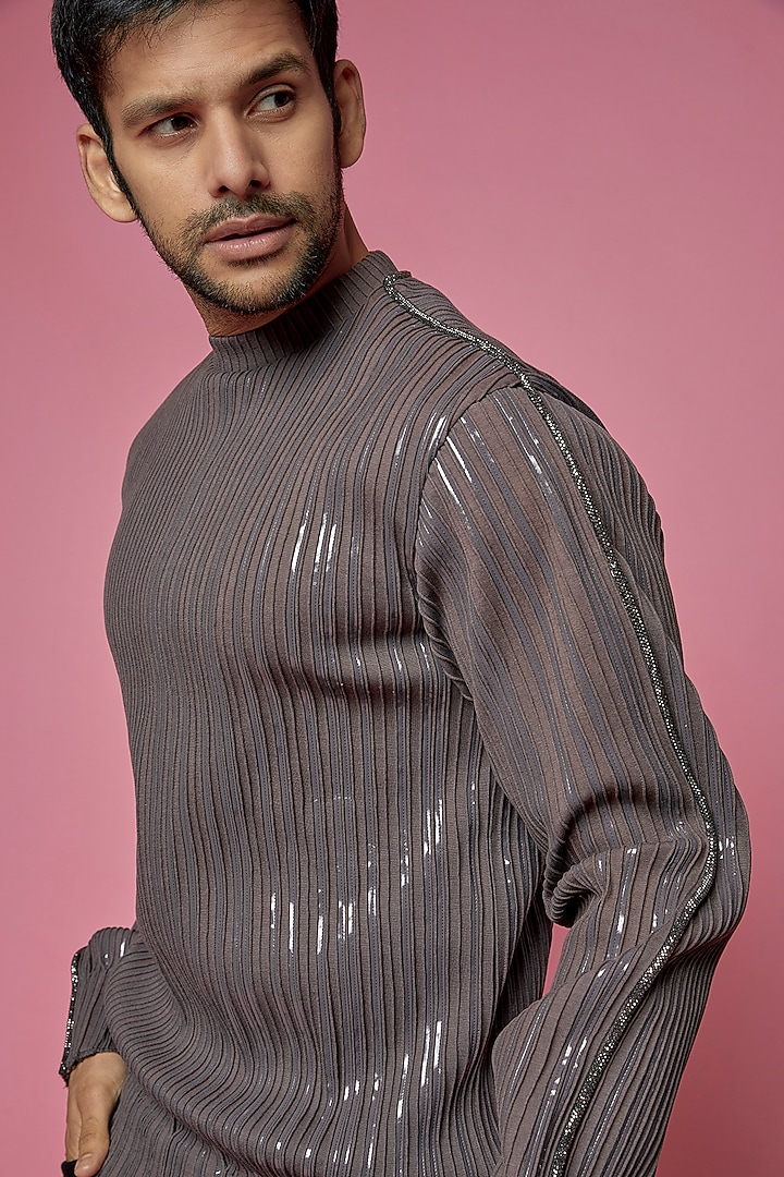 Grey Jersey & Faux Leather Sweatshirt by SAMEER MADAN MEN at Pernia's Pop Up Shop