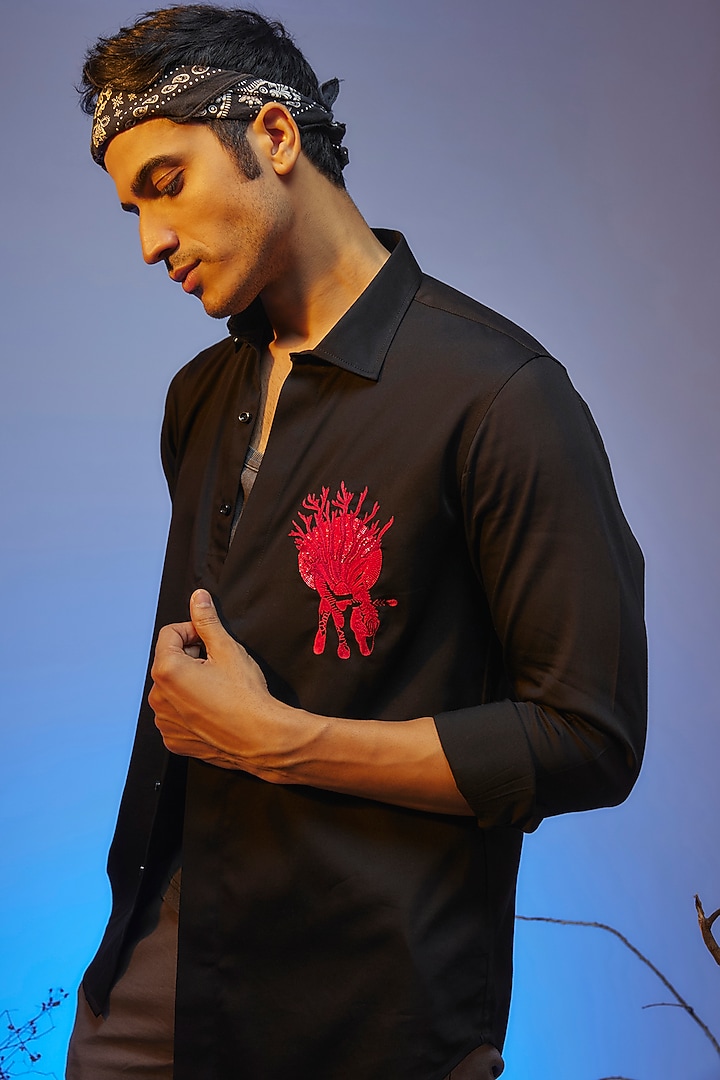 Black Cotton Lycra Aari Embroidered Handcrafted Party Wear Shirt by SAMMOHAN at Pernia's Pop Up Shop