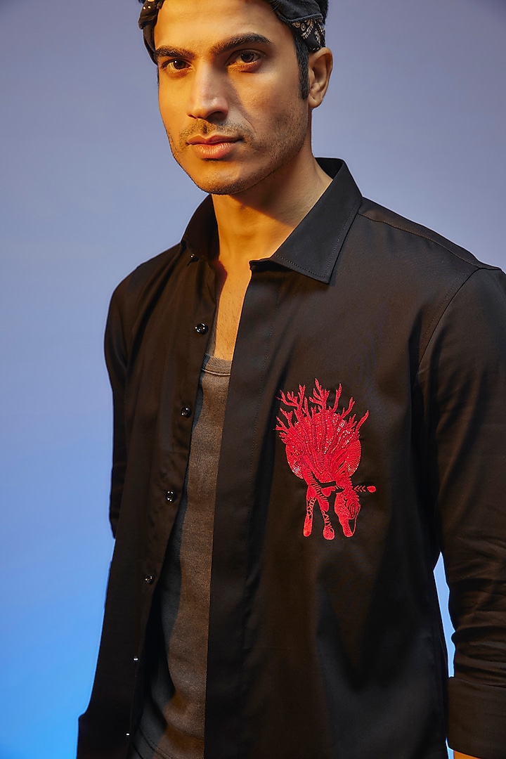 Black Cotton Lycra Aari Embroidered Handcrafted Party Wear Shirt by SAMMOHAN at Pernia's Pop Up Shop