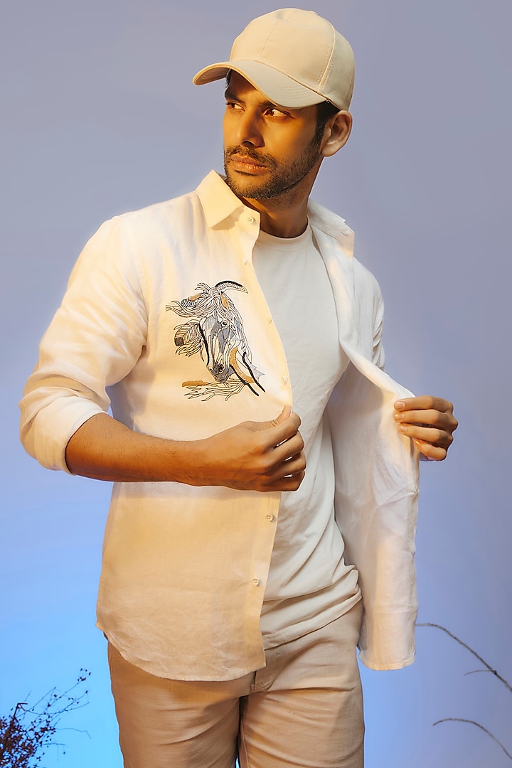 White Linen Thread & Resham Embroidered Handcrafted Shirt by SAMMOHAN