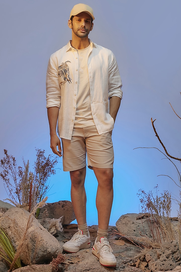 White Linen Thread & Resham Embroidered Handcrafted Party Wear Shirt by SAMMOHAN at Pernia's Pop Up Shop