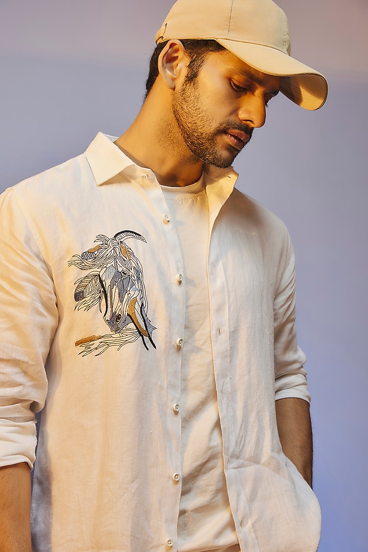 White Linen Thread & Resham Embroidered Handcrafted Party Wear Shirt by SAMMOHAN at Pernia's Pop Up Shop