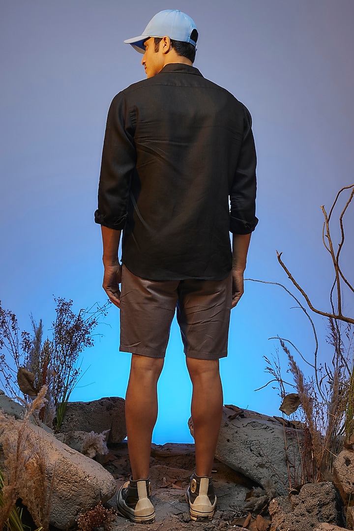 Black Linen Thread Embroidered Handcrafted Party Wear Shirt by SAMMOHAN at Pernia's Pop Up Shop
