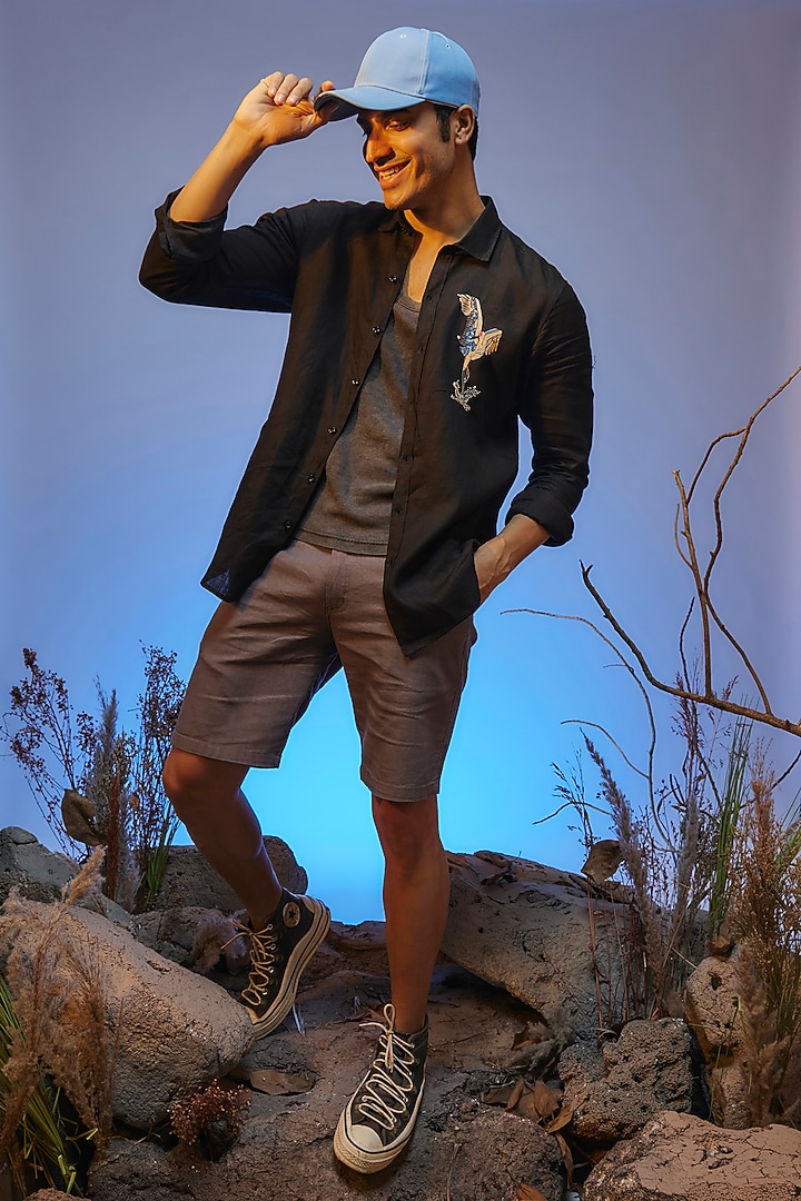 Black Linen Thread Embroidered Handcrafted Party Wear Shirt by SAMMOHAN at Pernia's Pop Up Shop