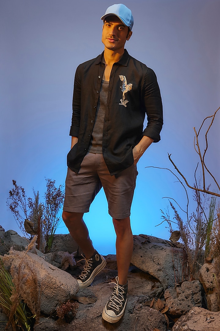 Black Linen Thread Embroidered Handcrafted Party Wear Shirt by SAMMOHAN at Pernia's Pop Up Shop