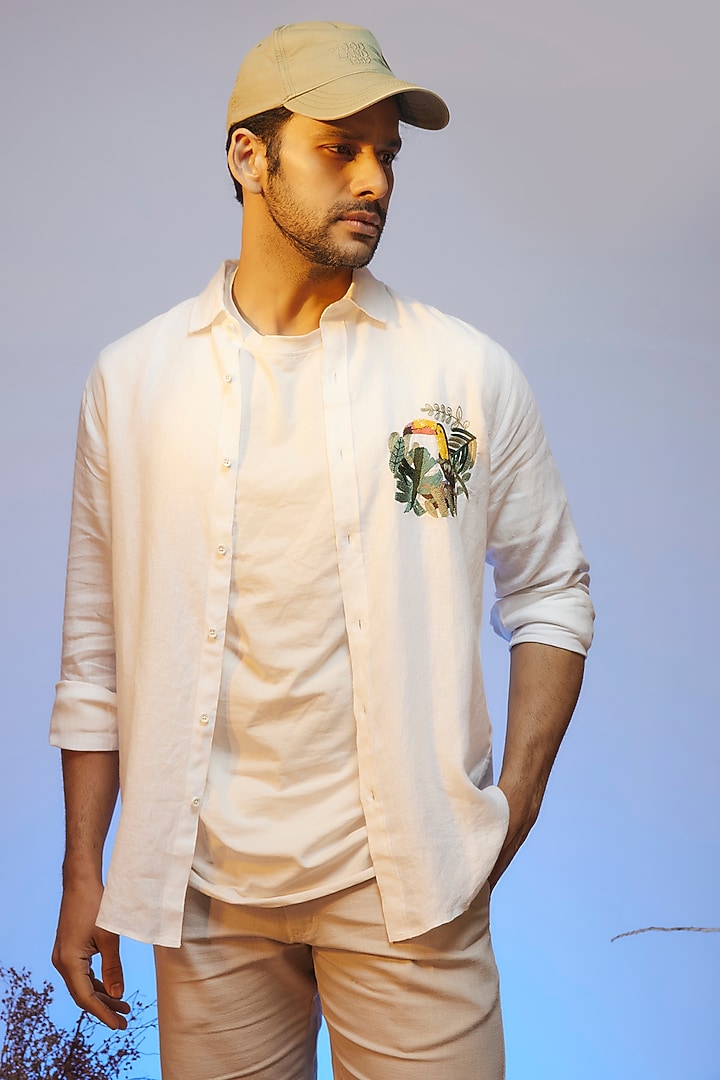 White Linen Thread & Resham Embroidered Handcrafted Party Wear Shirt by SAMMOHAN at Pernia's Pop Up Shop