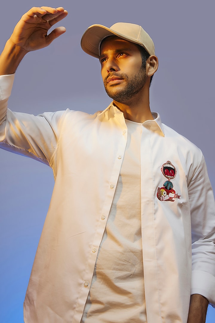 White Cotton Lycra Aari Embroidered Handcrafted Party Wear Shirt by SAMMOHAN at Pernia's Pop Up Shop