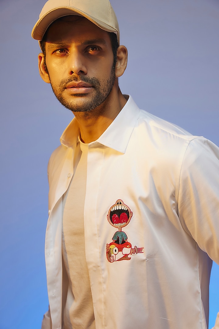 White Cotton Lycra Aari Embroidered Handcrafted Party Wear Shirt by SAMMOHAN at Pernia's Pop Up Shop
