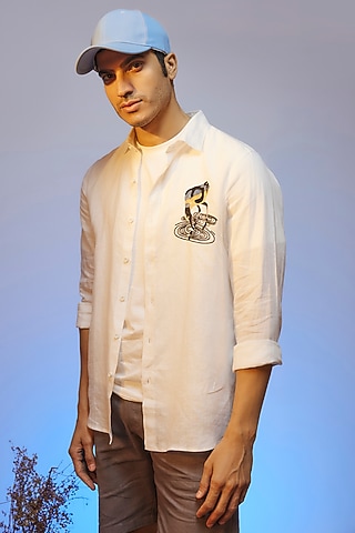 White Linen Thread Embroidered Handcrafted Shirt by SAMMOHAN