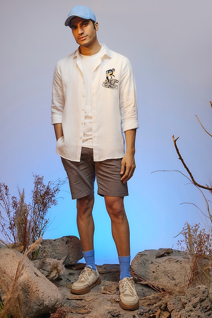 White Linen Thread Embroidered Handcrafted Party Wear Shirt by SAMMOHAN at Pernia's Pop Up Shop