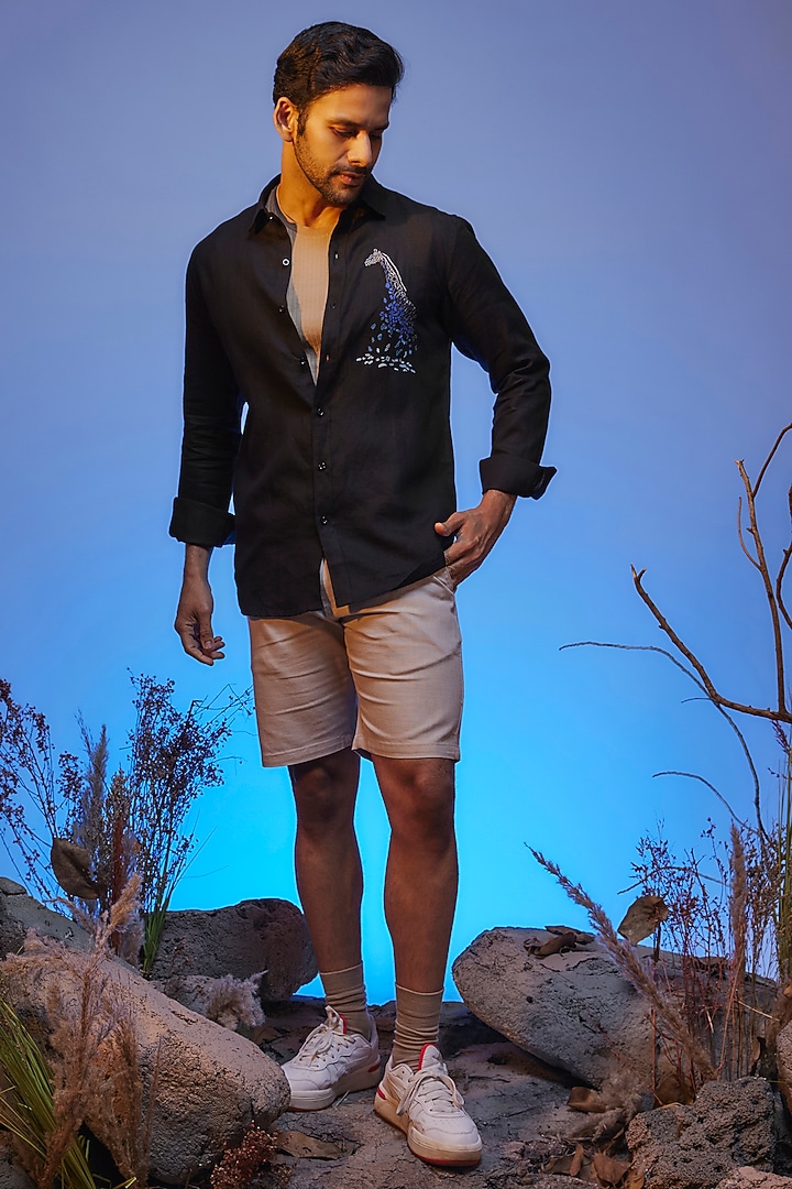 Black Linen Thread & Resham Embroidered Handcrafted Party Wear Shirt by SAMMOHAN at Pernia's Pop Up Shop