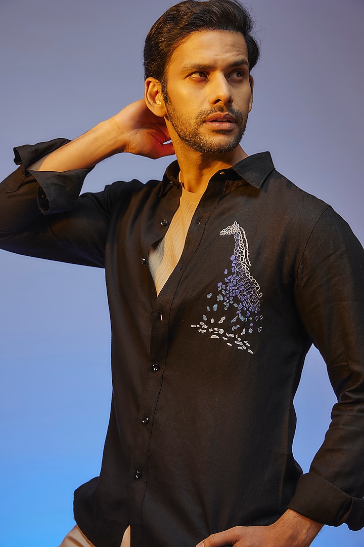 Black Linen Thread & Resham Embroidered Handcrafted Party Wear Shirt by SAMMOHAN at Pernia's Pop Up Shop