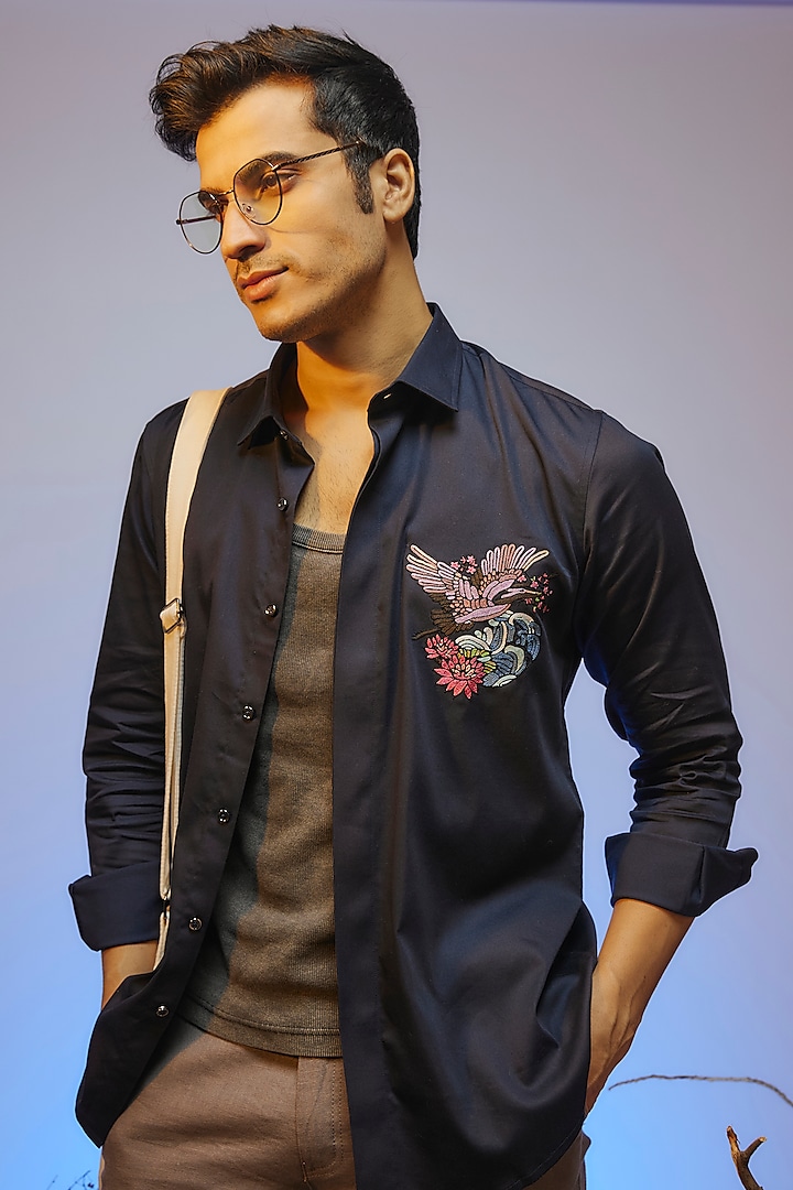 Navy Blue Cotton Lycra Aari Embroidered Handcrafted Shirt by SAMMOHAN