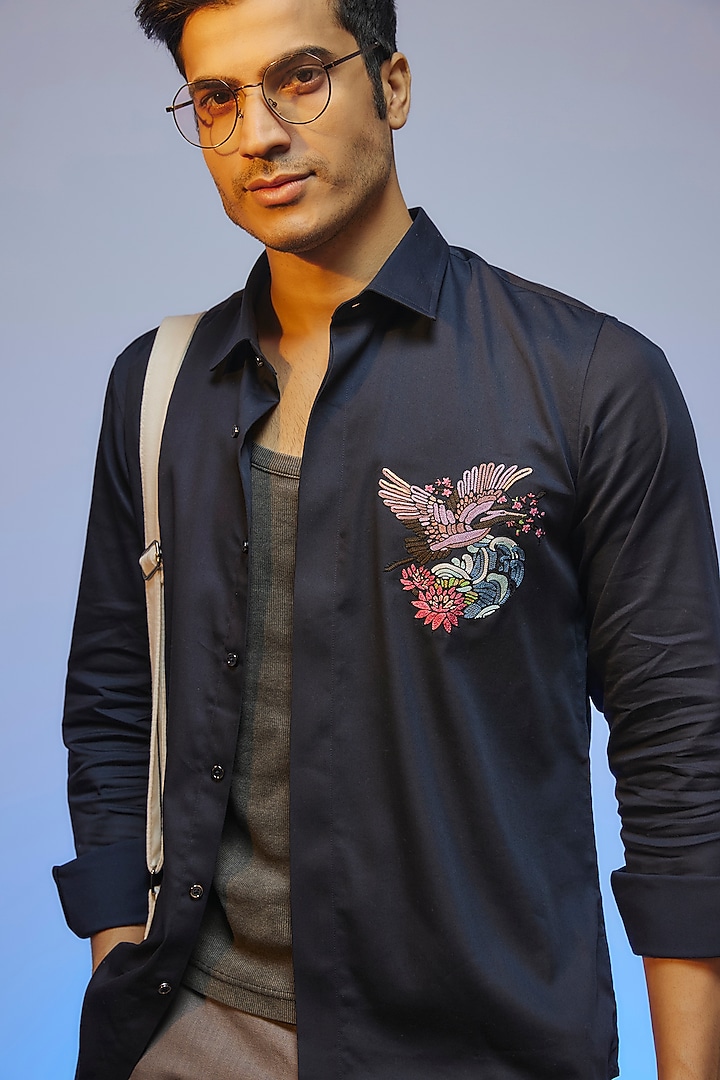 Navy Blue Cotton Lycra Aari Embroidered Handcrafted Party Wear Shirt by SAMMOHAN at Pernia's Pop Up Shop
