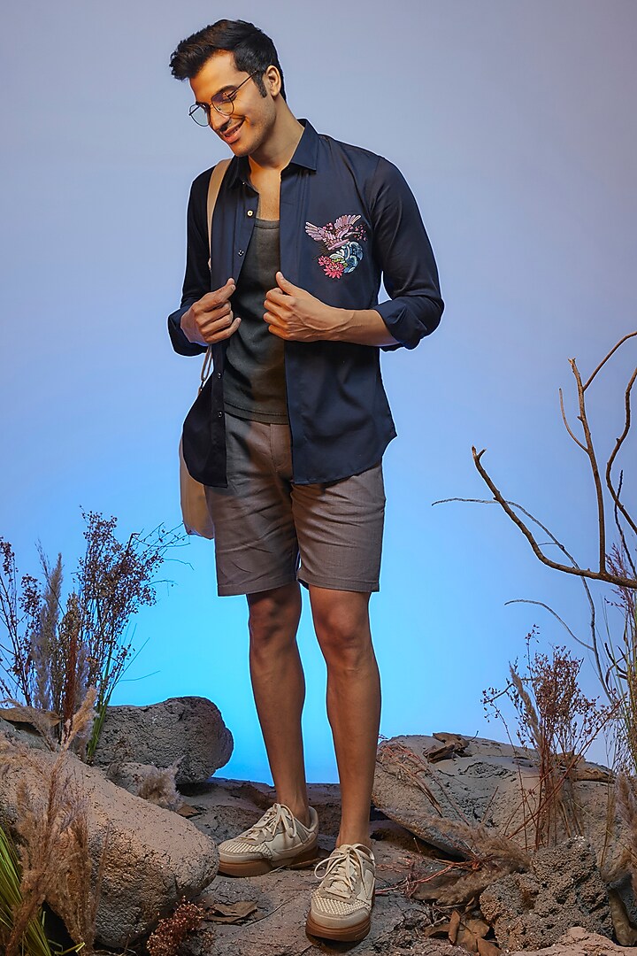 Navy Blue Cotton Lycra Aari Embroidered Handcrafted Party Wear Shirt by SAMMOHAN at Pernia's Pop Up Shop