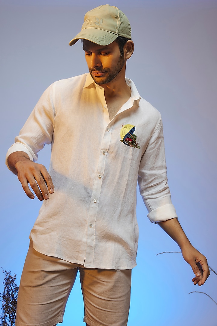 White Linen Thread & Beads Embroidered Handcrafted Shirt by SAMMOHAN