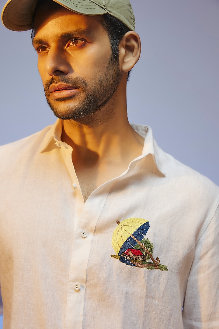 White Linen Thread & Beads Embroidered Handcrafted Party Wear Shirt by SAMMOHAN at Pernia's Pop Up Shop