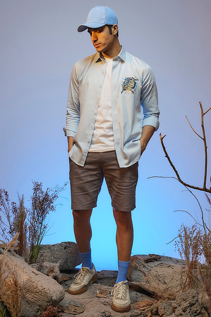 Powder Blue Linen Aari Embroidered Handcrafted Party Wear Shirt by SAMMOHAN at Pernia's Pop Up Shop