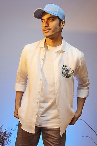 White Linen Thread & Beads Embroidered Handcrafted Shirt by SAMMOHAN