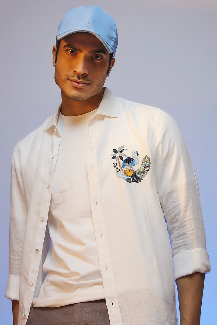 White Linen Thread & Beads Embroidered Handcrafted Party Wear Shirt by SAMMOHAN at Pernia's Pop Up Shop