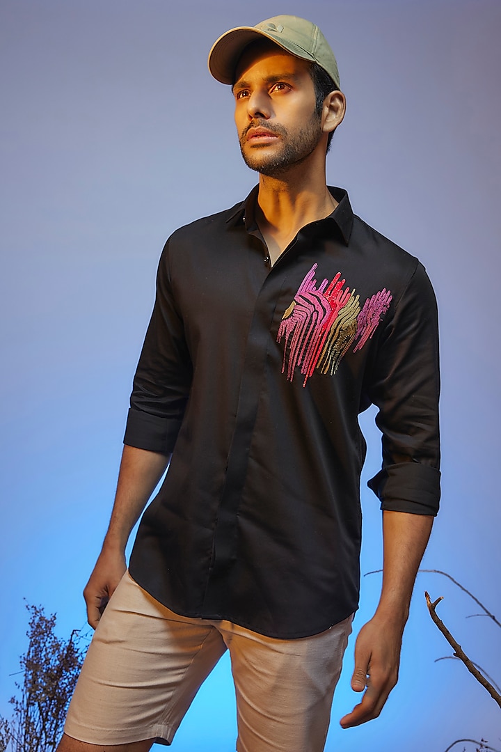 Black Cotton Lycra Aari Embroidered Handcrafted Shirt by SAMMOHAN