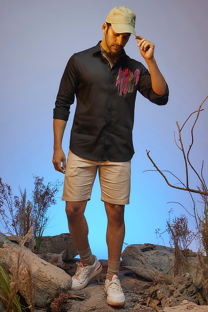Black Cotton Lycra Aari Embroidered Handcrafted Party Wear Shirt by SAMMOHAN at Pernia's Pop Up Shop