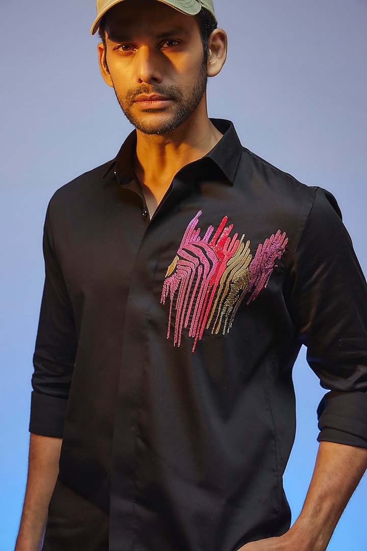 Black Cotton Lycra Aari Embroidered Handcrafted Party Wear Shirt by SAMMOHAN at Pernia's Pop Up Shop