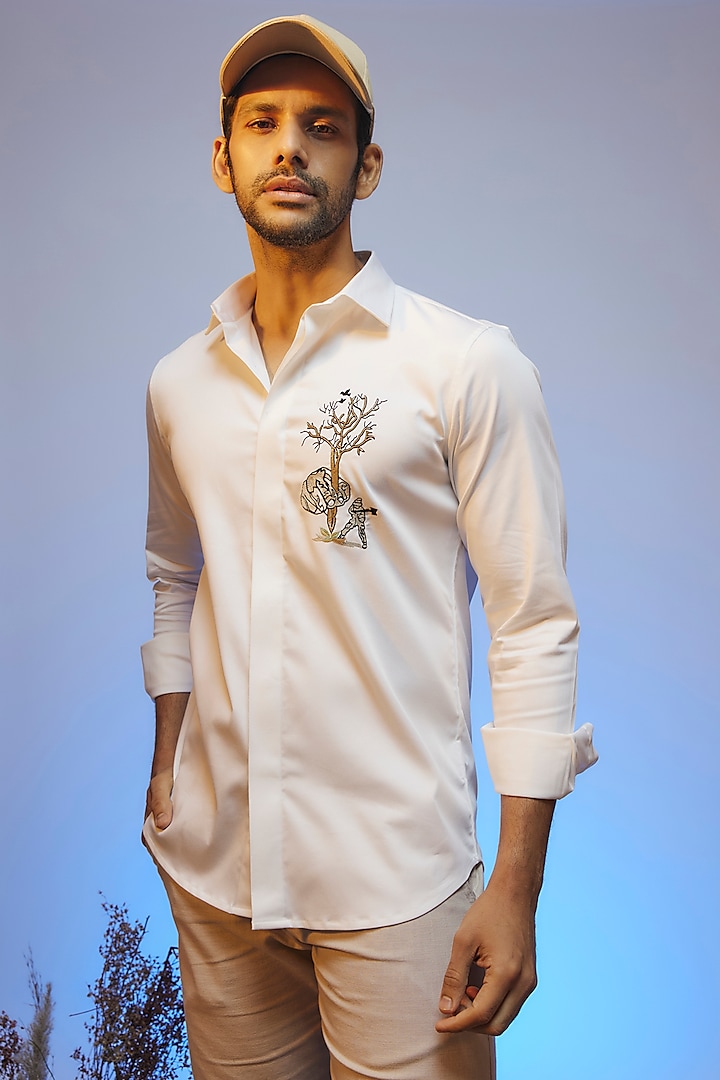 White Cotton Lycra Aari Embroidered Handcrafted Shirt by SAMMOHAN