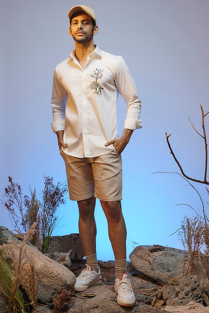 White Cotton Lycra Aari Embroidered Handcrafted Party Wear Shirt by SAMMOHAN at Pernia's Pop Up Shop