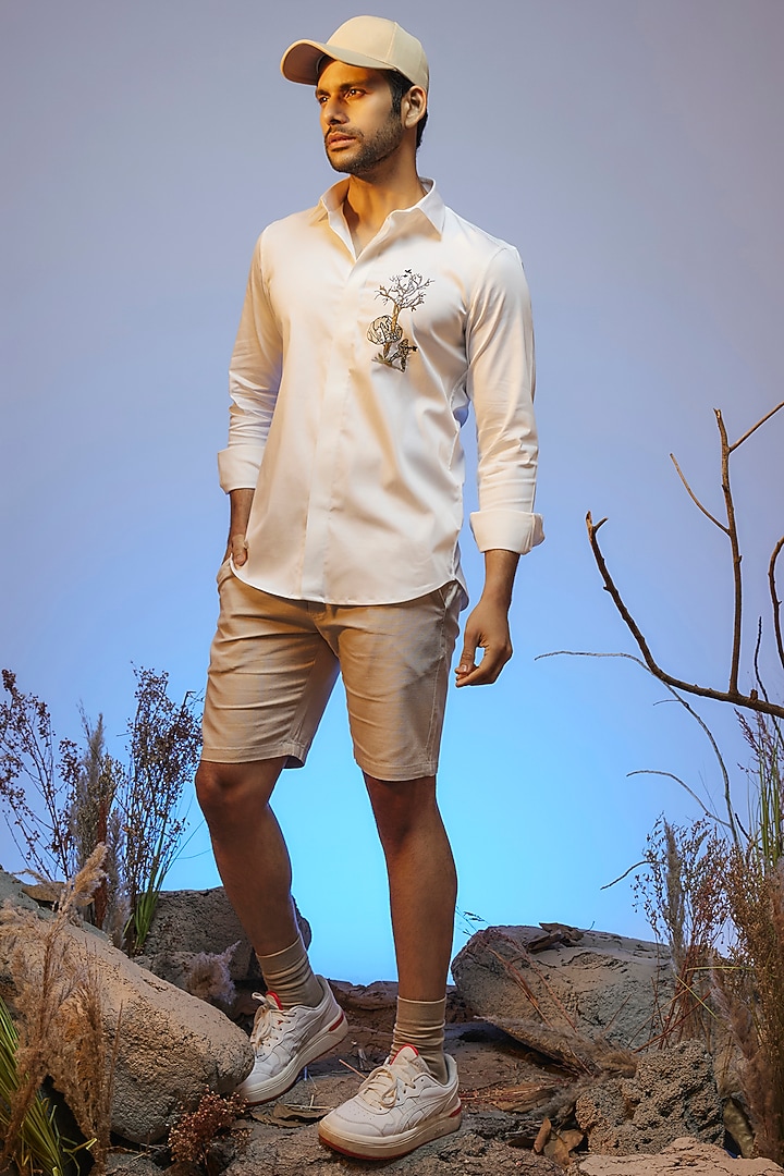 White Cotton Lycra Aari Embroidered Handcrafted Party Wear Shirt by SAMMOHAN at Pernia's Pop Up Shop