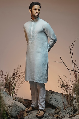 Powder Blue Linen Resham & Beads Hand Embroidered Handcrafted Kurta by SAMMOHAN