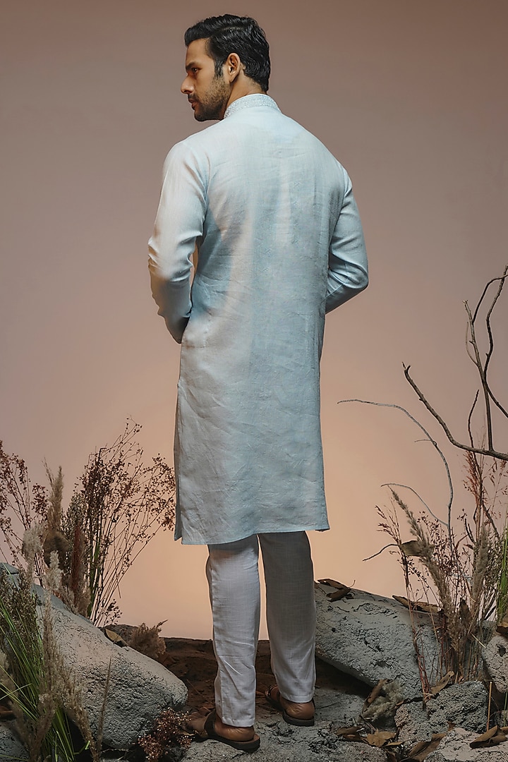Powder Blue Linen Resham & Beads Hand Embroidered Handcrafted Kurta by SAMMOHAN at Pernia's Pop Up Shop