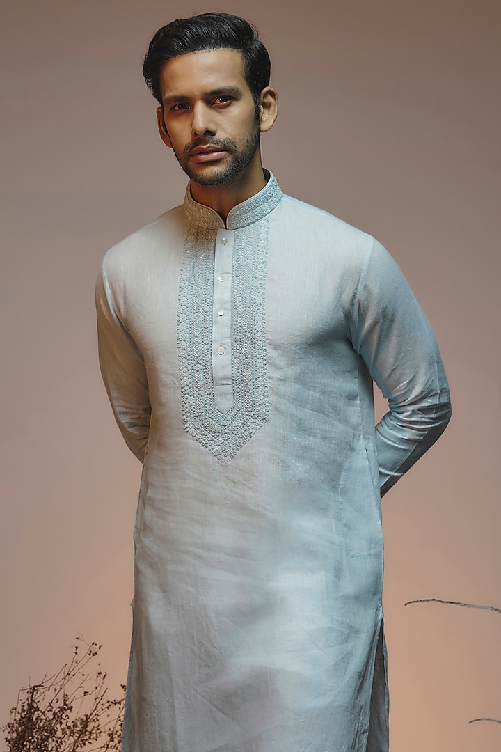 Powder Blue Linen Resham & Beads Hand Embroidered Handcrafted Kurta by SAMMOHAN at Pernia's Pop Up Shop